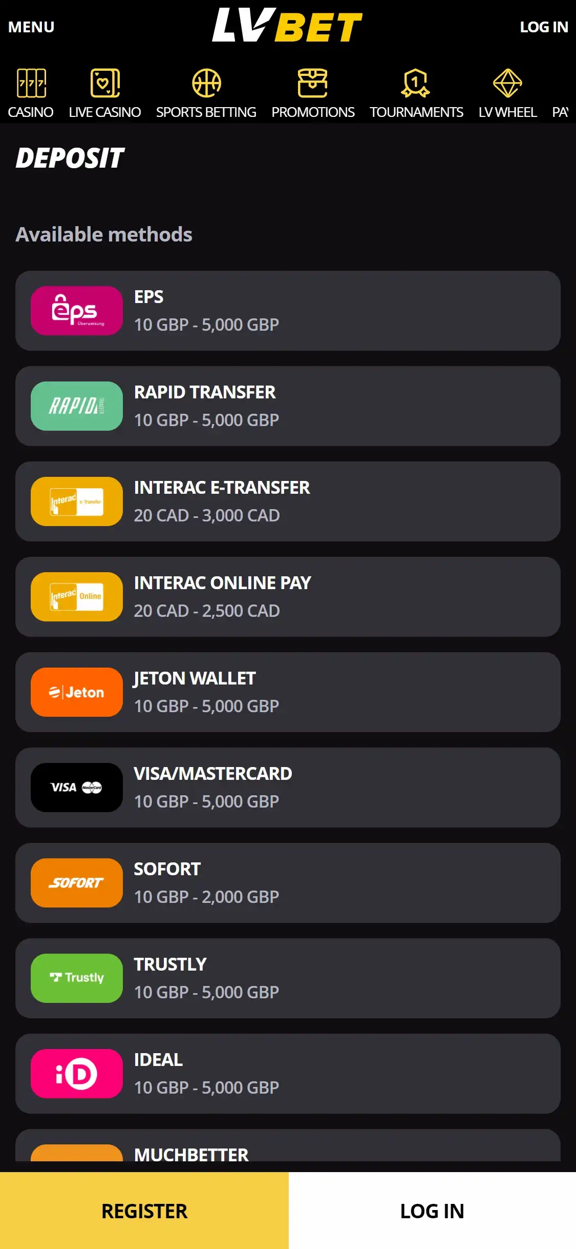 LV BET Mobile Payment Methods Review