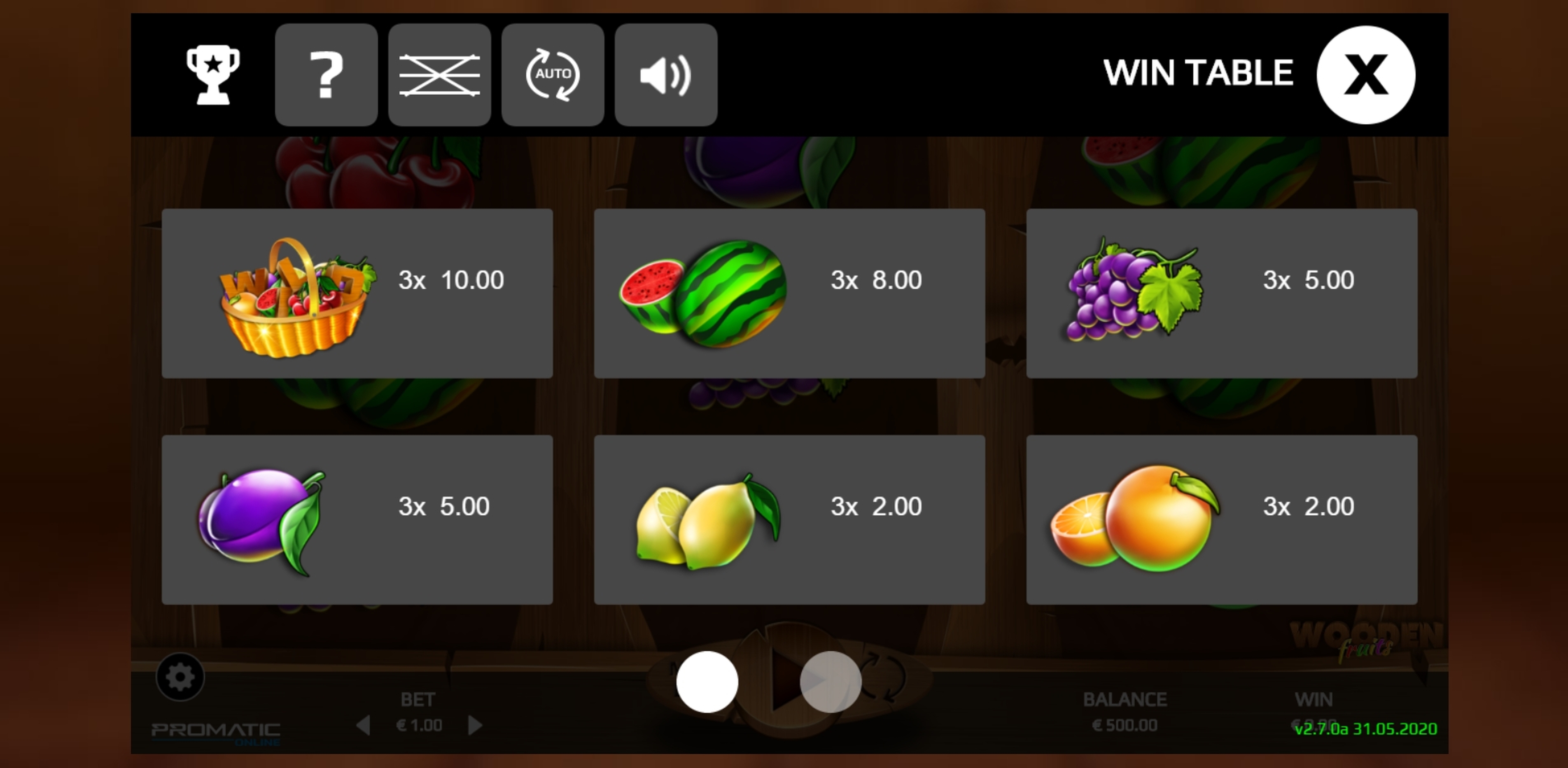 Info of Wooden Fruits Slot Game by Promatic Games