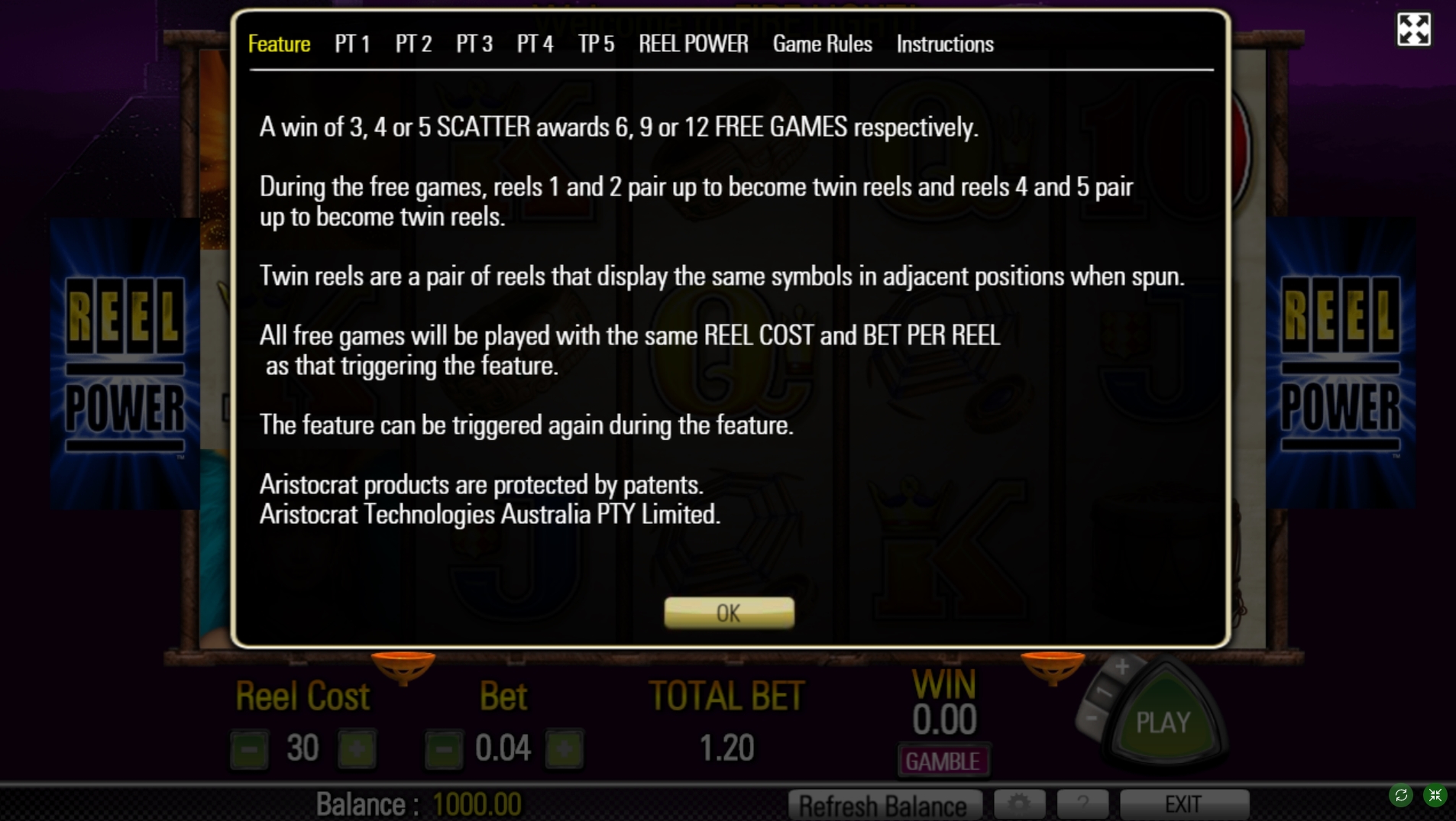 Info of Firelight Slot Game by Aristocrat