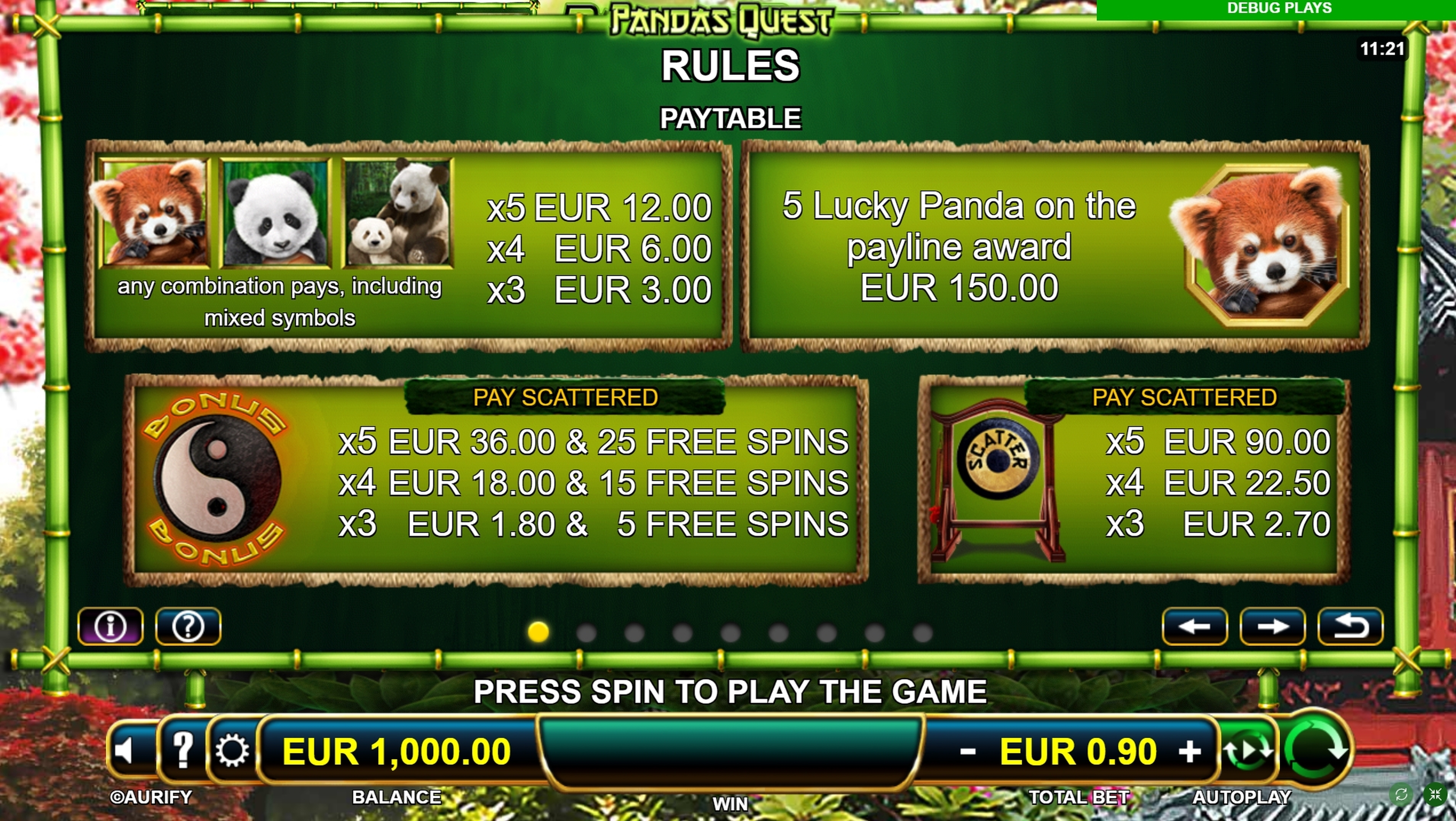 Info of Pandas Quest Slot Game by Aurify Gaming