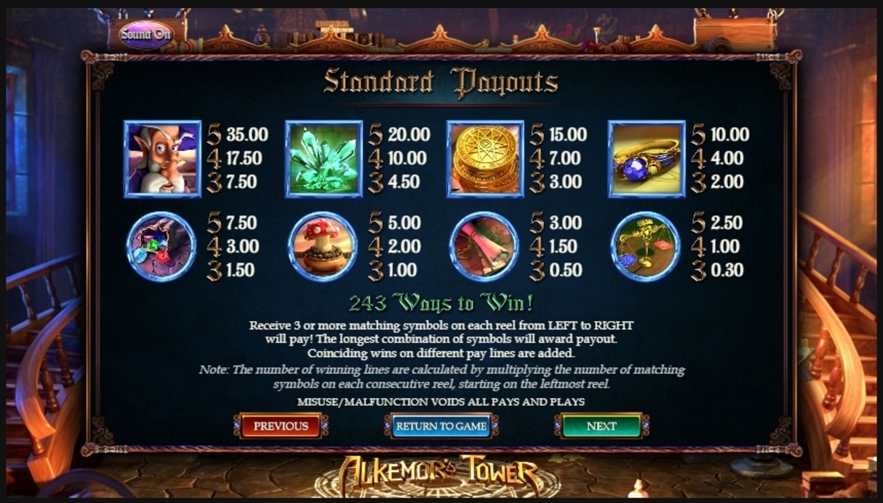 Info of Alkemors Tower Slot Game by Betsoft