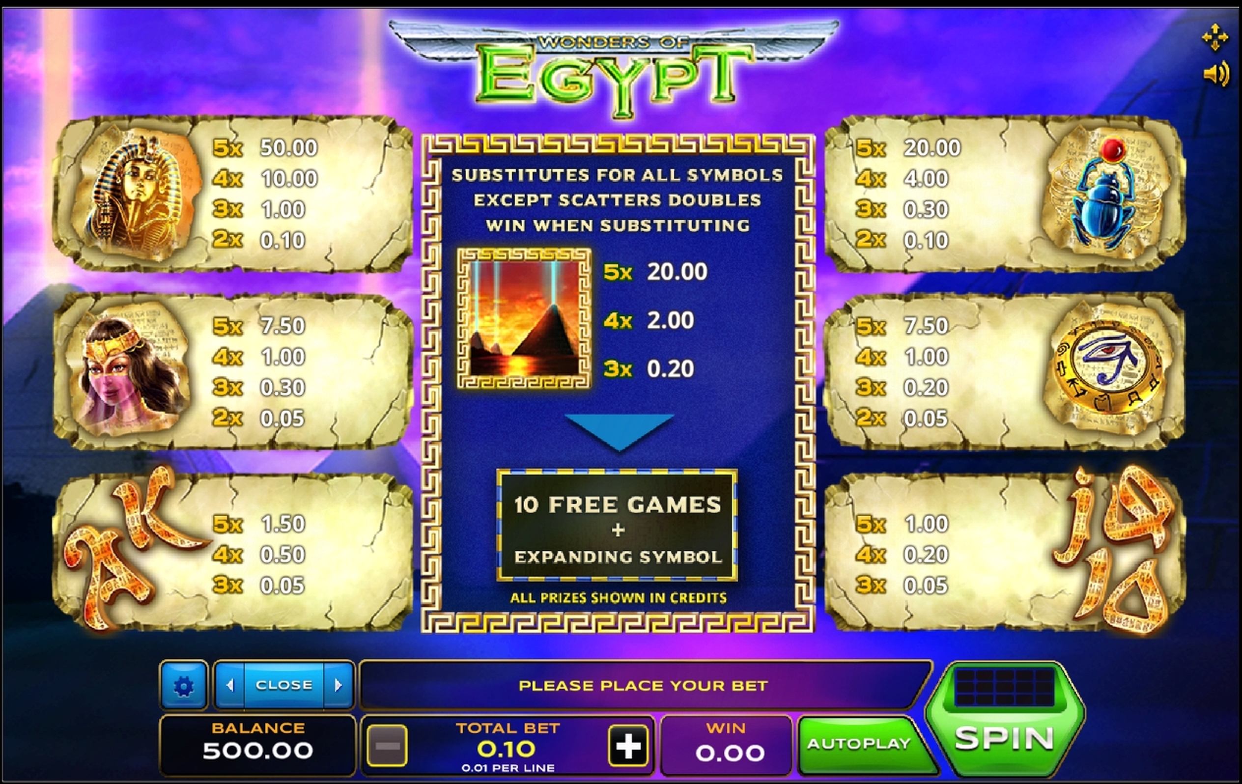 Info of Wonders of Egypt Slot Game by Xplosive Slots Group