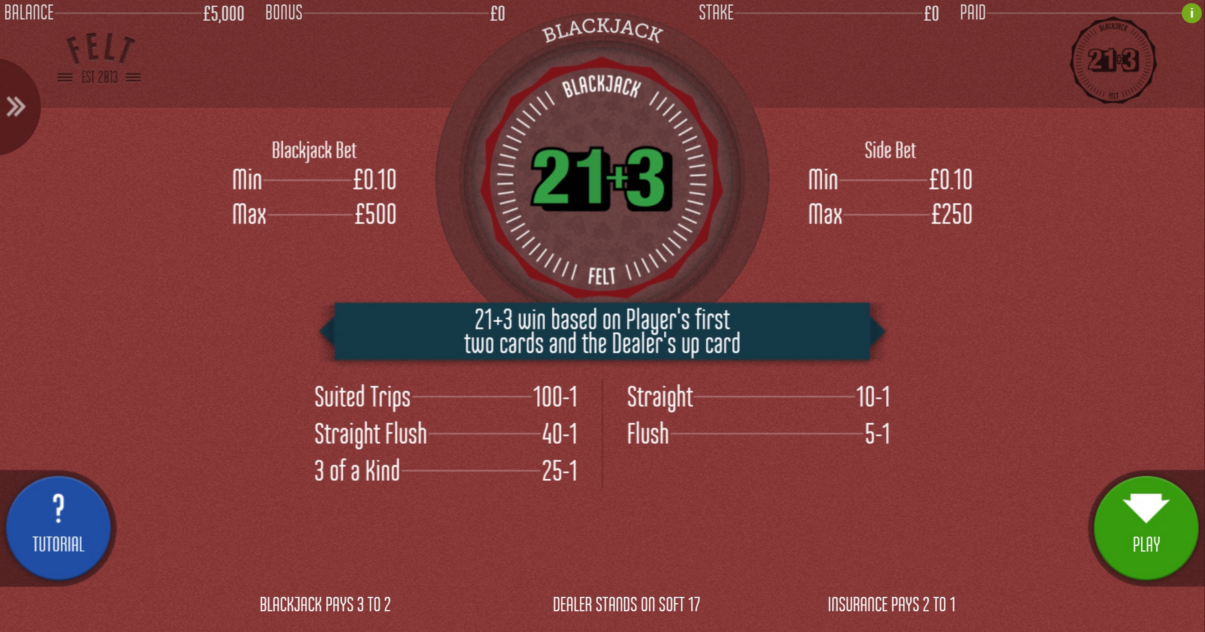 Play 21+3 Blackjack Free Casino Slot Game by Felt