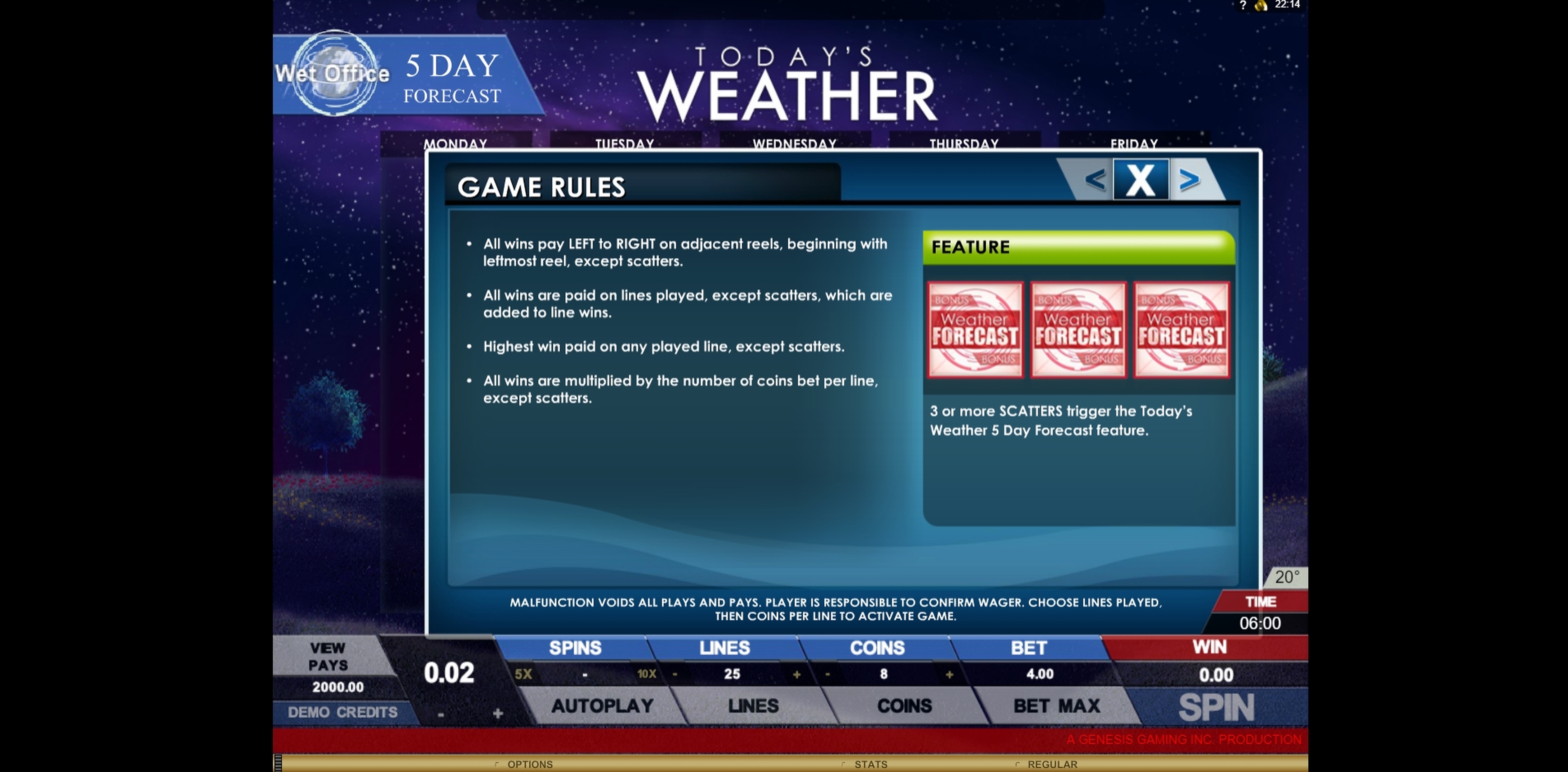 Info of Today's Weather Slot Game by Genesis Gaming