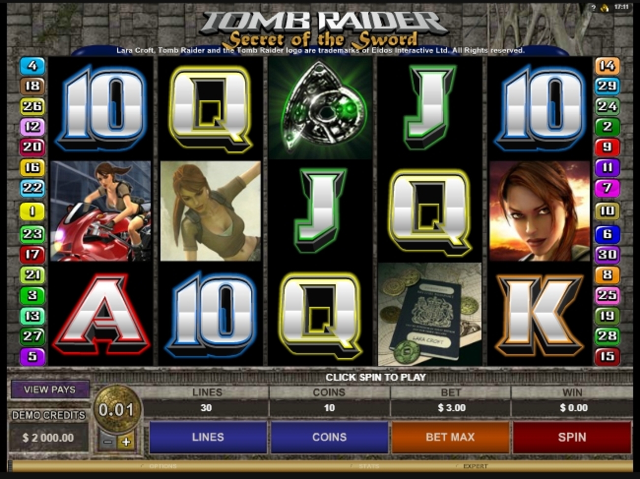 Reels in Tomb Raider Secret of the Sword Slot Game by Microgaming