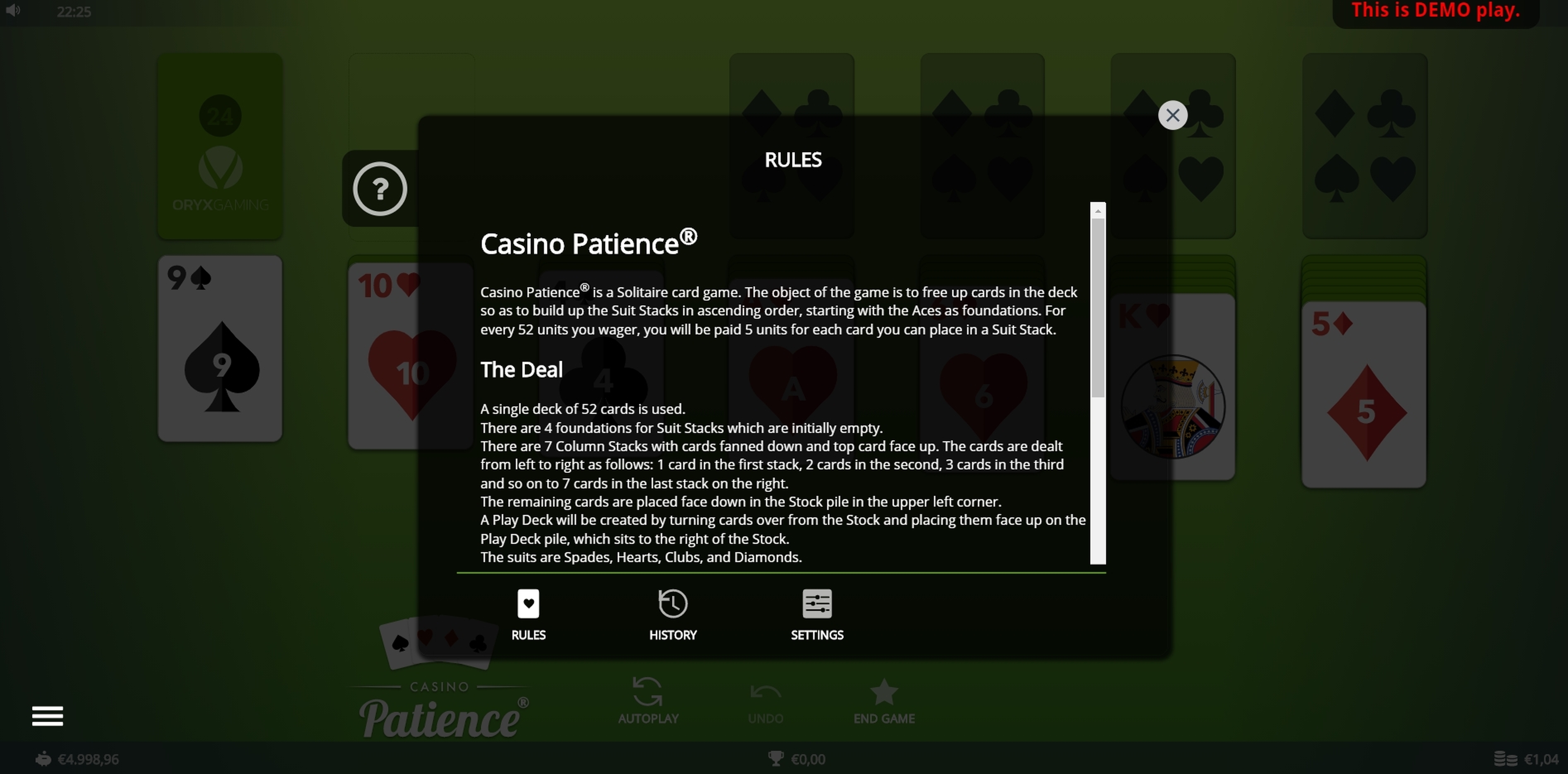 Info of Casino Patience Slot Game by Oryx Gaming