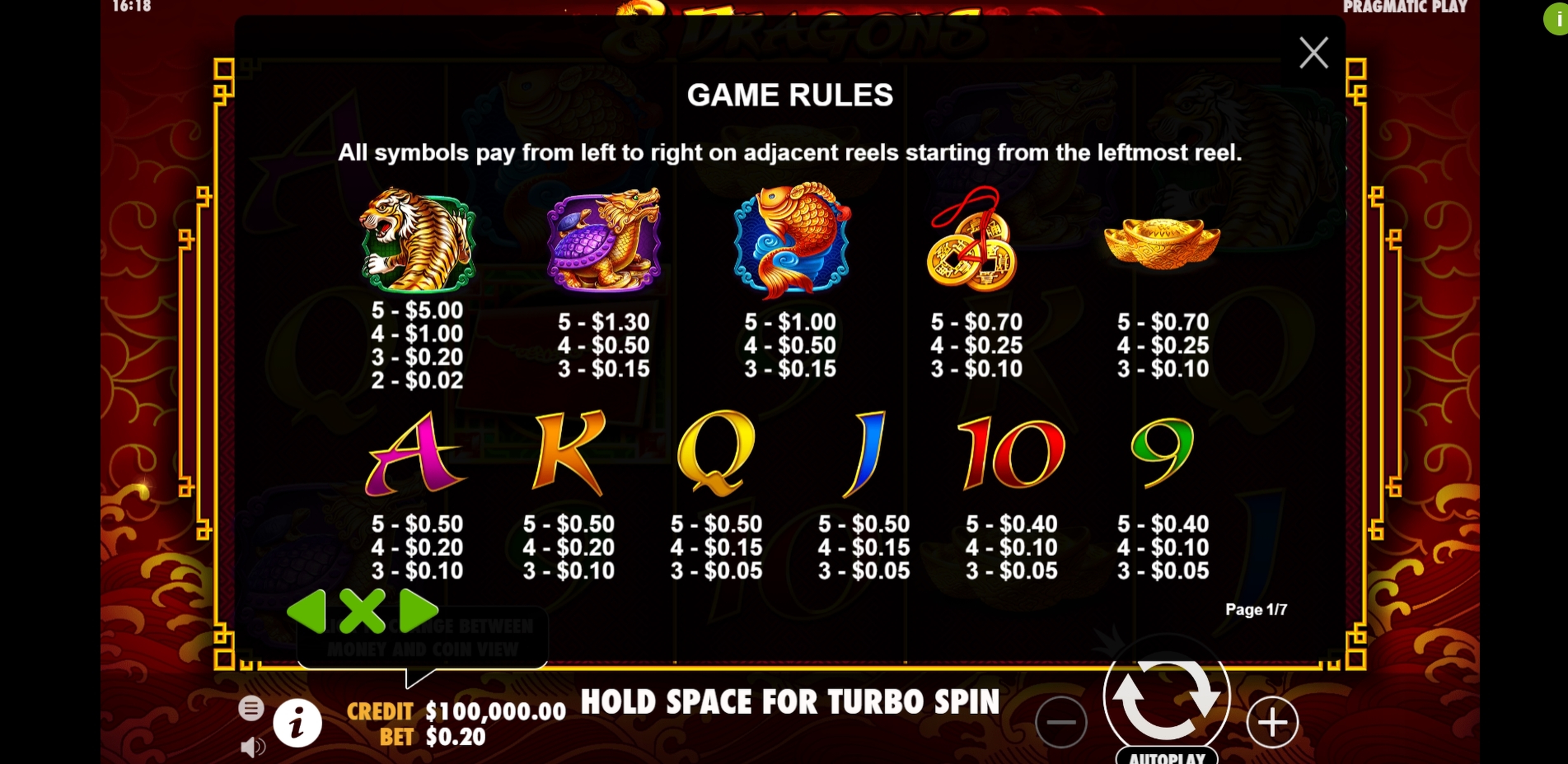 Info of 8 Dragons Slot Game by Pragmatic Play