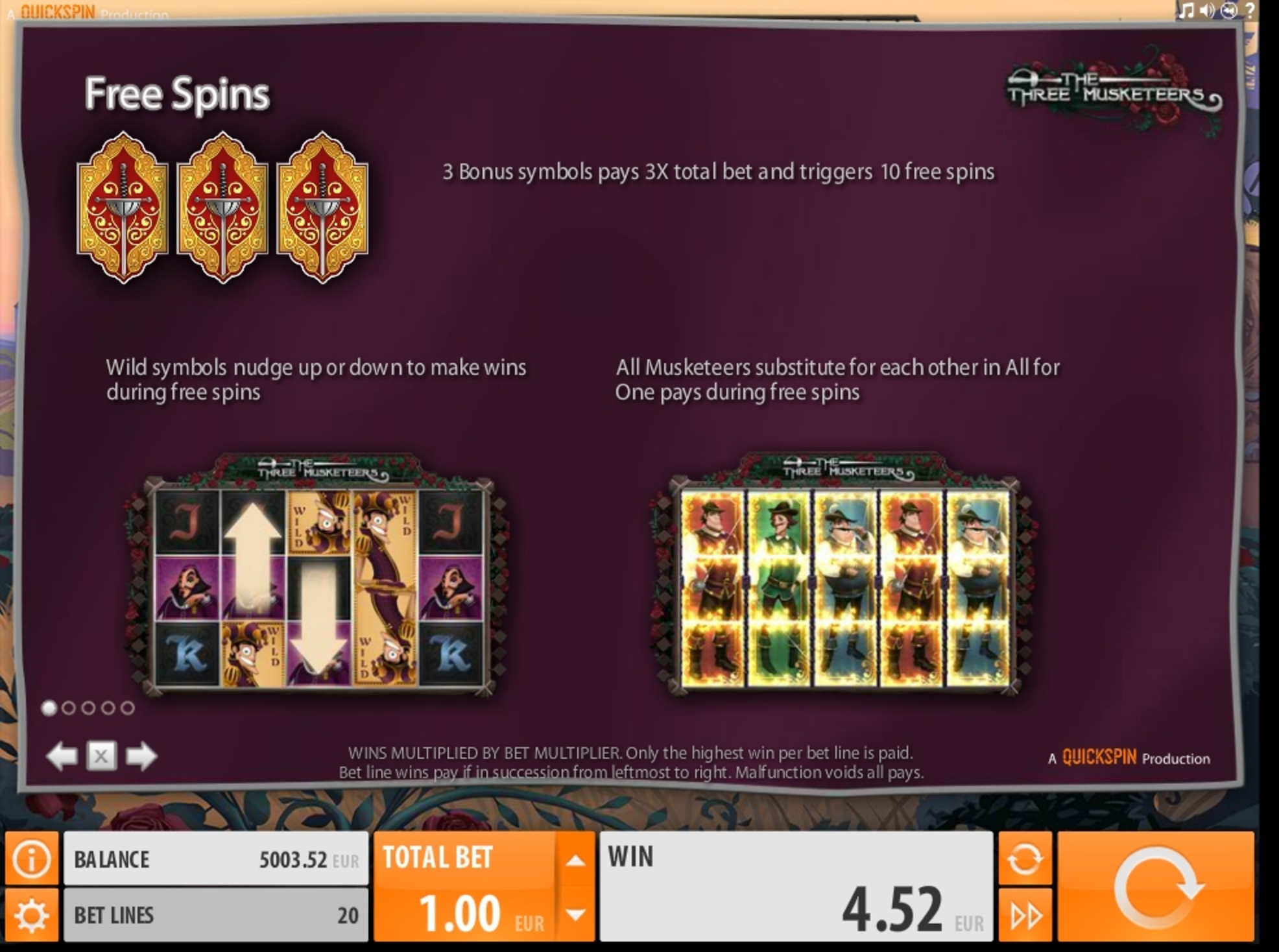Info of The Three Musketeers Slot Game by Quickspin